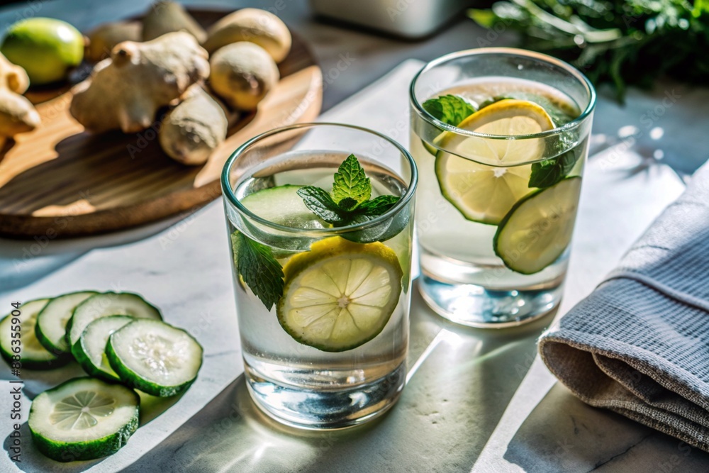 Detoxifying water with cucumber, lemon, lime, ginger and mint for a healthy diet.