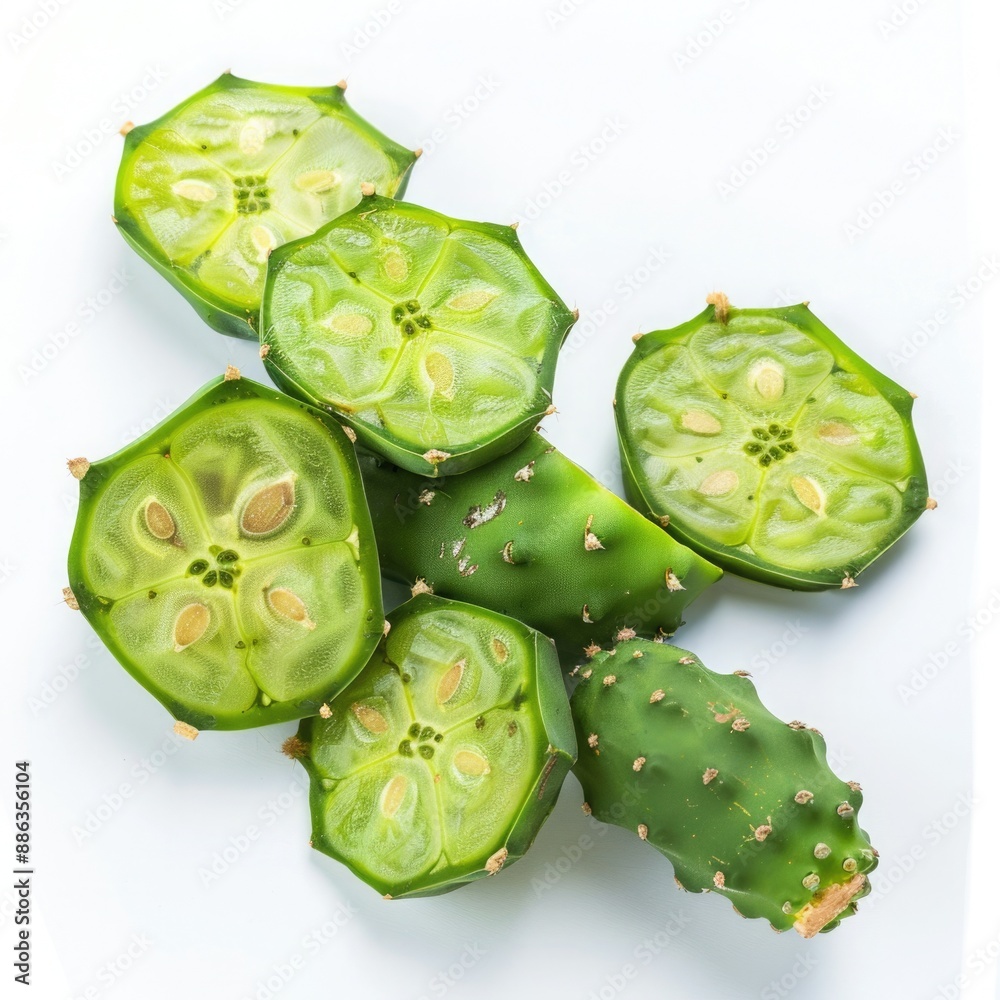 Naklejka premium Ingredients for Nopales Cactus Salad on White Background