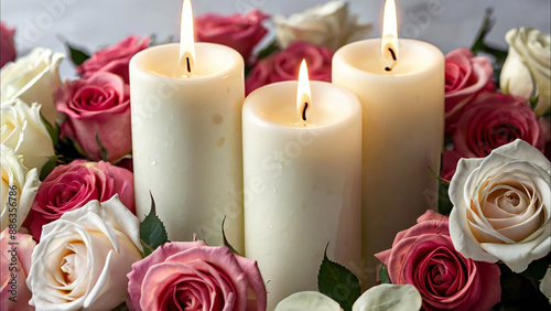 Beautiful roses and flowers petals,  with burning white candles