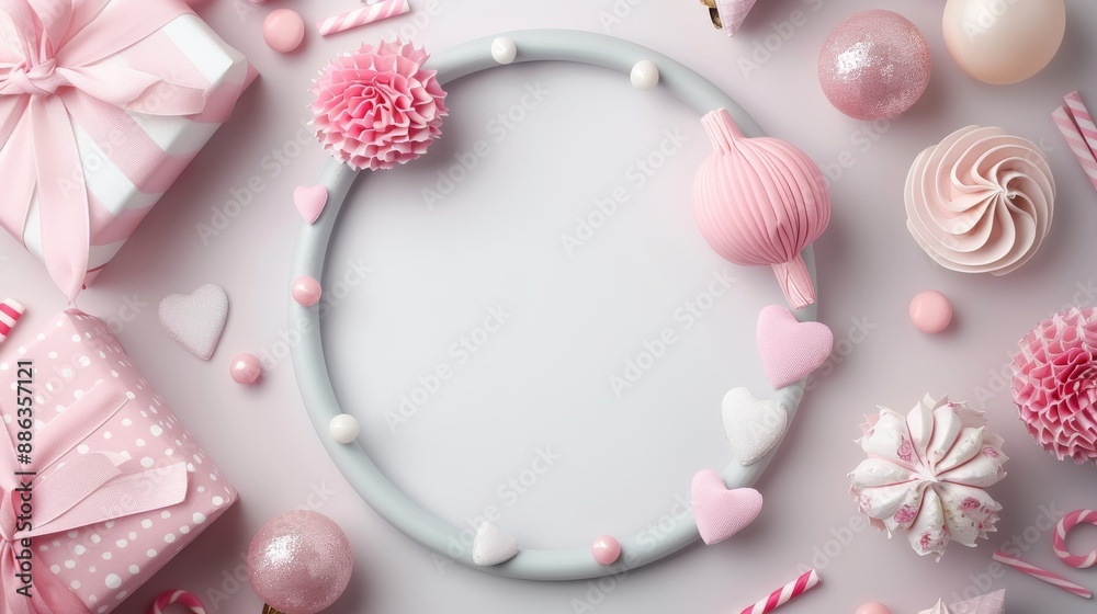 Festive pink and white decoration with gifts and sweets arranged in a circle frame on a light background. Perfect for celebrations and invitations. Festive pink and white decoration with gifts and sweets arranged in a circle frame on a light background. Perfect for celebrations and invitations.