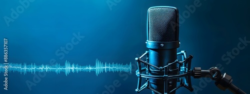 Podcast Microphone with Sound Waves on Blue Background photo