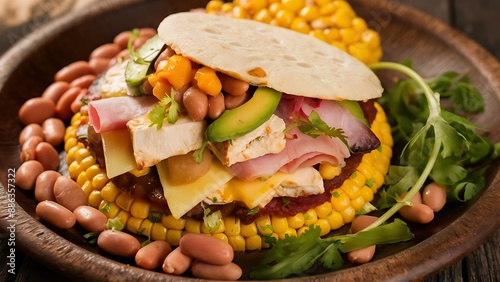 traditional food in colombia or venezuela named arepa made with corn meal cheese, chicken maize and ham avocado corn and beans photo