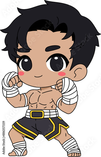 Cute cartoon boy in Muay Thai stance, wearing traditional Thai boxing shorts and hand wraps.