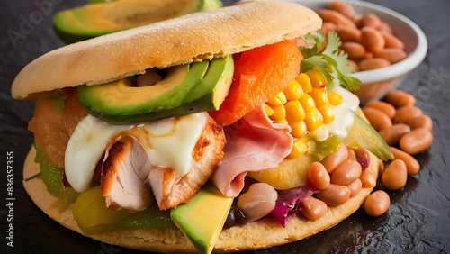 traditional food in colombia or venezuela named arepa made with corn meal cheese, chicken maize and ham avocado corn and beans photo