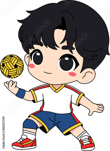 Cute cartoon boy playing sepak takraw with a rattan ball, wearing a sports outfit.