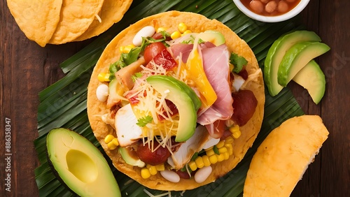 traditional food in colombia or venezuela named arepa made with corn meal cheese, chicken maize and ham avocado corn and beans photo