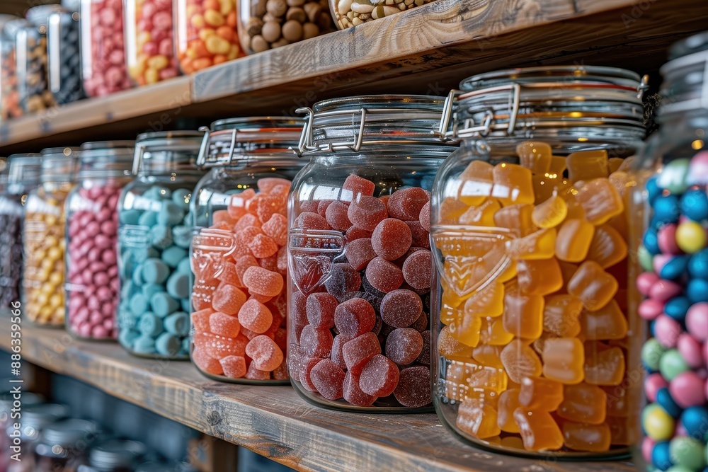 A vibrant candy store display with jars filled with different types of candies, including licorice, gumdrops, and taffy. A vibrant candy store display with jars filled with different types of candies, including licorice, gumdrops, and taffy.