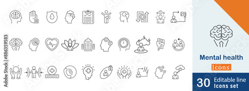 Mental health line art icon set. with happiness, mental health,  mental wellness, positive thinking, self-love, rumination, burnout and more editable stroke symbol