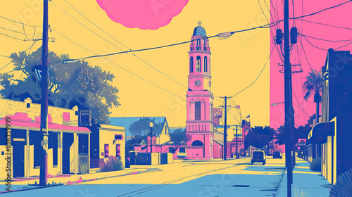 Risograph riso print travel poster, card, wallpaper or banner illustration, modern, isolated, clear, simple of Edinburg, Texas, USA. Artistic, screen printing, stencil