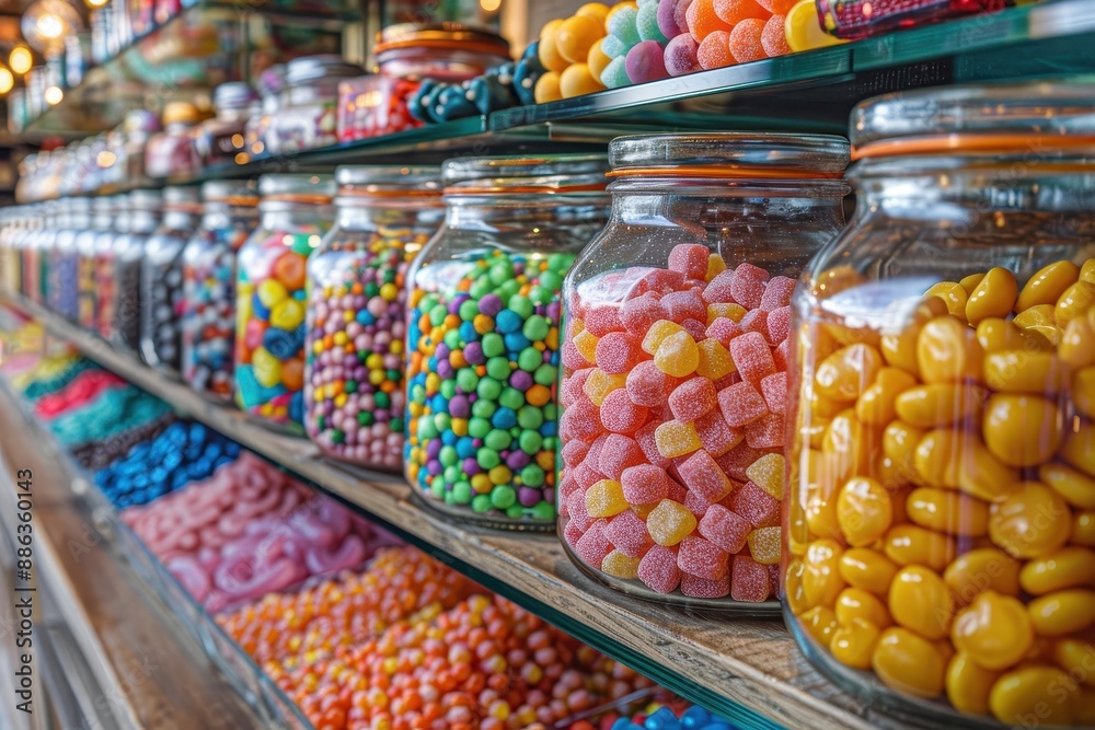 A vibrant candy store display with jars filled with different types of candies, including licorice, gumdrops, and taffy. A vibrant candy store display with jars filled with different types of candies, including licorice, gumdrops, and taffy.