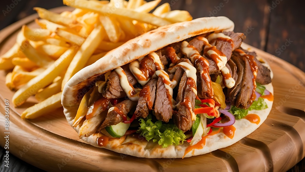 Doner Kebap fast food meal in flatbread with fries on a wooden board Doner Kebap fast food meal in flatbread with fries on a wooden board