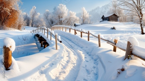 A snow-laden path winds through a rustic wooden bridge, leading to a secluded winter cabin in a serene snowy landscape under a clear blue sky. photo