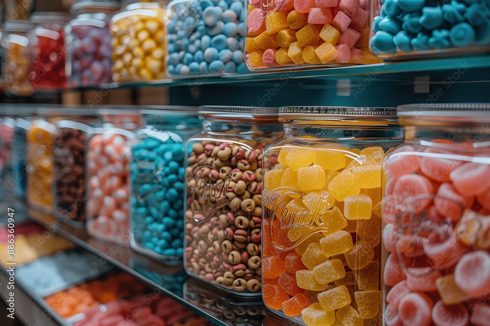 A vibrant candy store display with jars filled with different types of candies, including licorice, gumdrops, and taffy. A vibrant candy store display with jars filled with different types of candies, including licorice, gumdrops, and taffy.