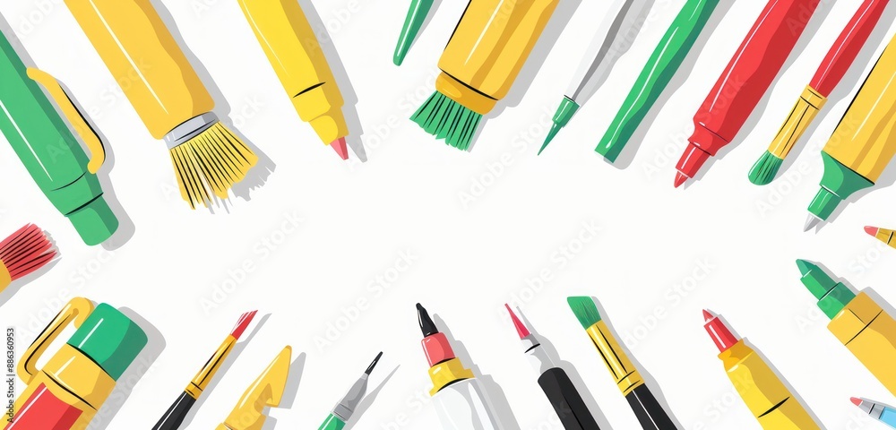 Playful design of art supplies in yellow, green, red. Playful design of art supplies in yellow, green, red.
