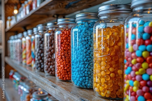 A vibrant candy store display with jars filled with different types of candies, including licorice, gumdrops, and taffy.