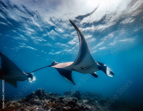 Manta rays follow each other closely then go into a circular dance photo