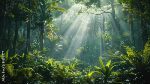 Rainforest Background: Vibrant rainforest filled with towering trees, dense undergrowth, and exotic plants and animals, sunlight filtering through the lush canopy. 