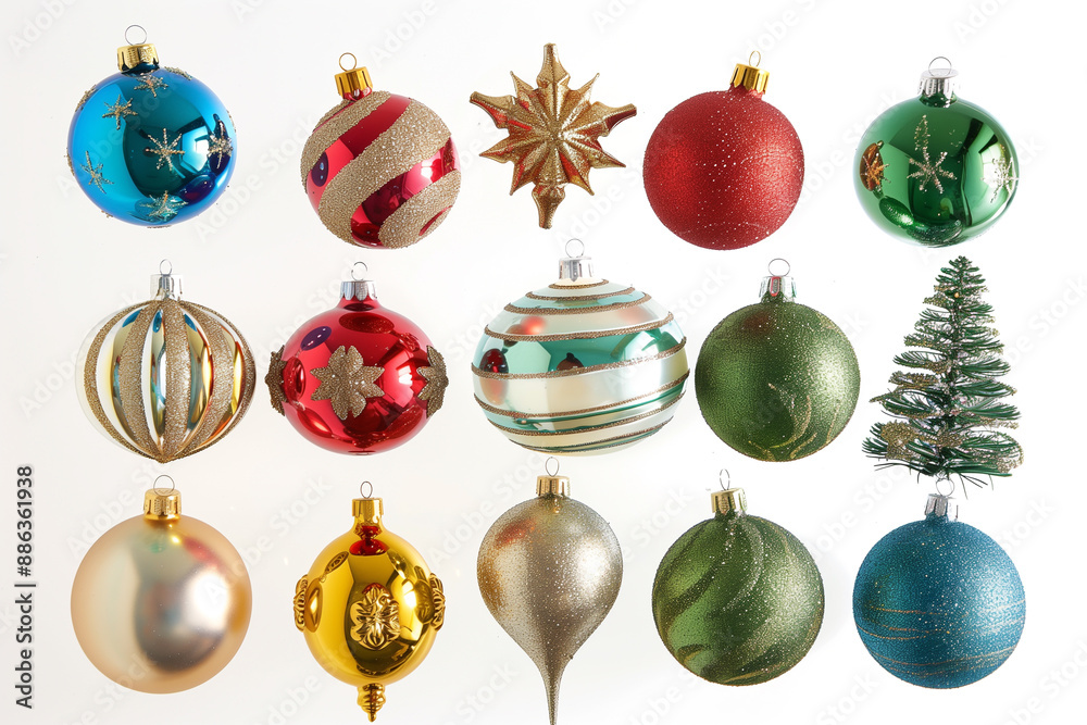 A collection of Christmas ornaments in various shapes and colors, set against a pristine white background. A collection of Christmas ornaments in various shapes and colors, set against a pristine white background.