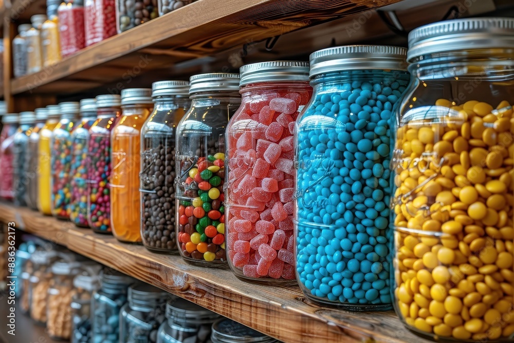 A vibrant candy store display with jars filled with different types of candies, including licorice, gumdrops, and taffy. A vibrant candy store display with jars filled with different types of candies, including licorice, gumdrops, and taffy.