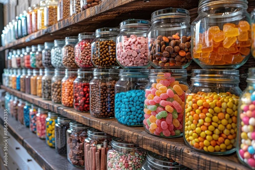 A vibrant candy store display with jars filled with different types of candies, including licorice, gumdrops, and taffy. A vibrant candy store display with jars filled with different types of candies, including licorice, gumdrops, and taffy.