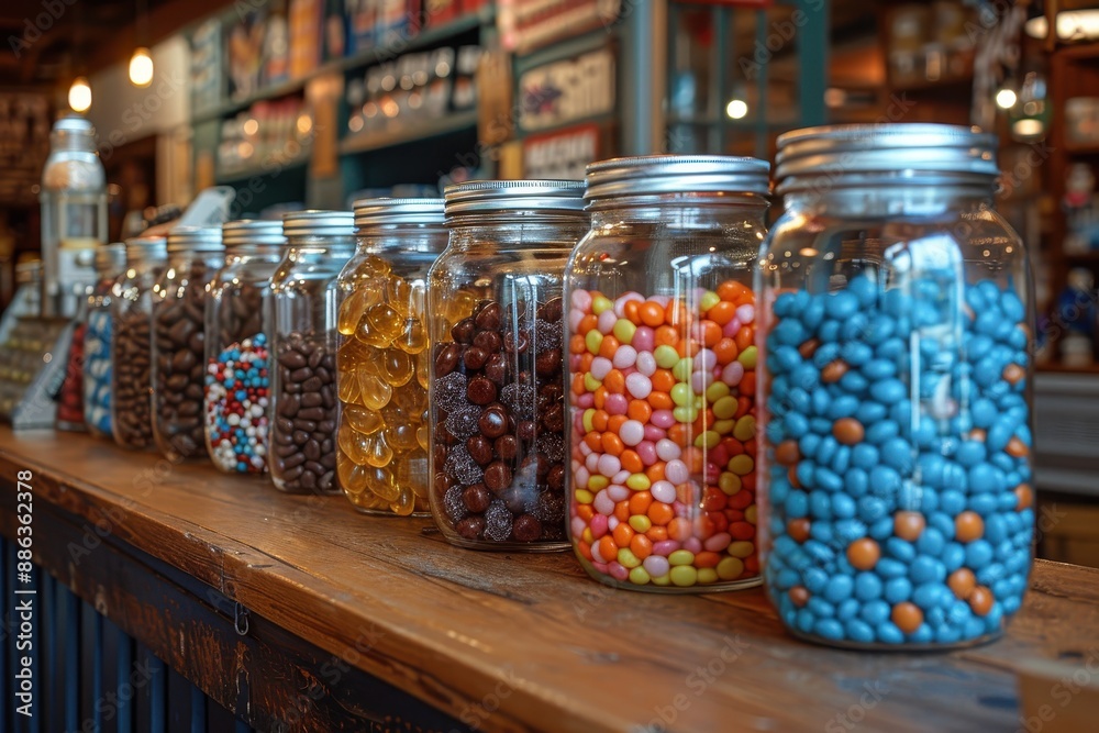 A vibrant candy store display with jars filled with different types of candies, including licorice, gumdrops, and taffy. A vibrant candy store display with jars filled with different types of candies, including licorice, gumdrops, and taffy.