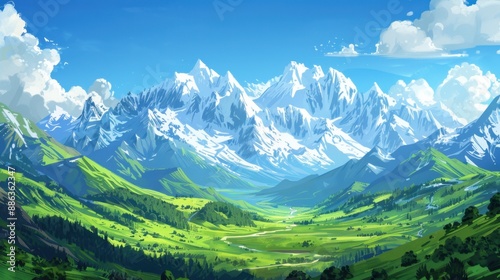 Mountain Range Illustration: Snow-capped peaks under a clear blue sky, surrounded by lush green valleys and a winding river, a serene and majestic vista. 