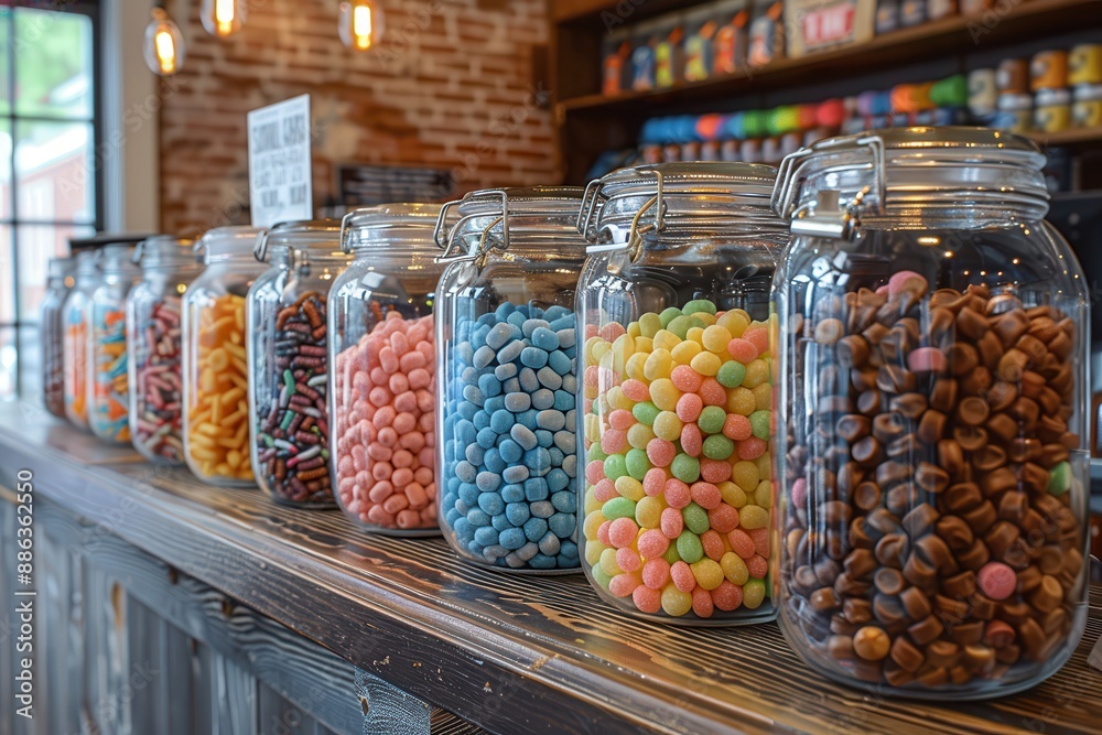 A vibrant candy store display with jars filled with different types of candies, including licorice, gumdrops, and taffy. A vibrant candy store display with jars filled with different types of candies, including licorice, gumdrops, and taffy.