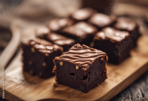 classic american brownies with a fudgy center, served on a wooden board 