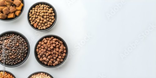 Pet food bowls filled with food on a plain white background. Concept Pet Photography, Food Styling, Product Photography, Simple Backgrounds, Pet Care