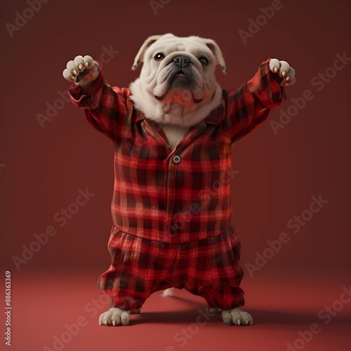 An adorable white English Bulldog puppy, dressed in jeans and a shirt, poses for a studio portrait photo