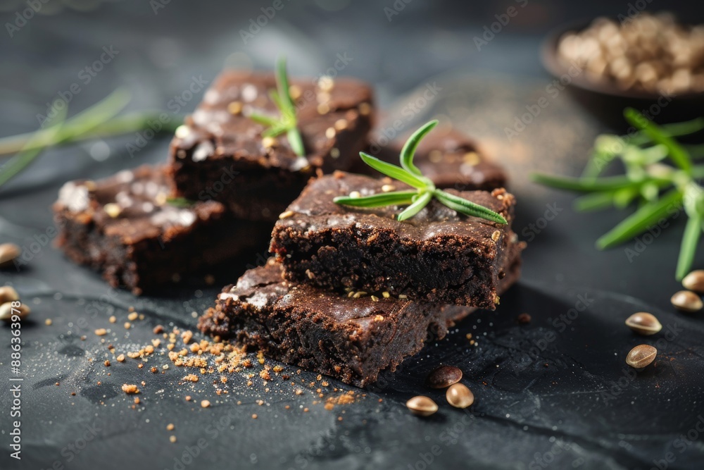 A brownie topped with hemp seeds sits on a table, illustrating a cooking concept incorporating cannabis herb A brownie topped with hemp seeds sits on a table, illustrating a cooking concept incorporating cannabis herb