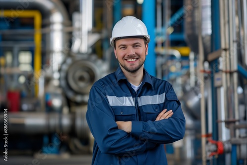 Confident Male Engineer Smiling in Uniform Against Industrial Background