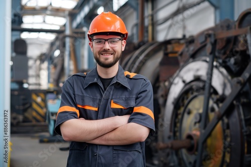 Confident male engineer in uniform standing proudly in front of machinery