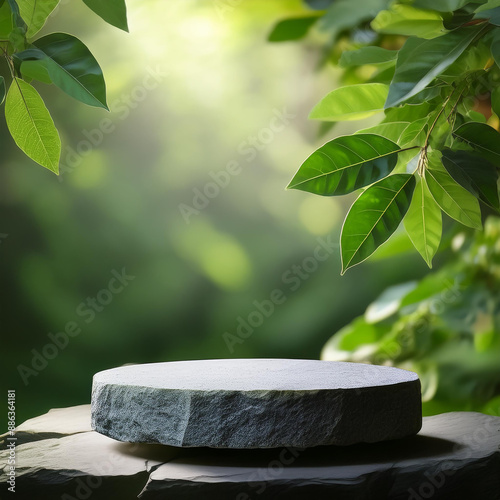Stone product display podium with nature leaves background