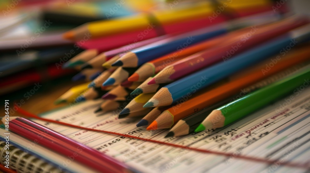 Colorful Pencils On Notebook. Colorful Pencils On Notebook.