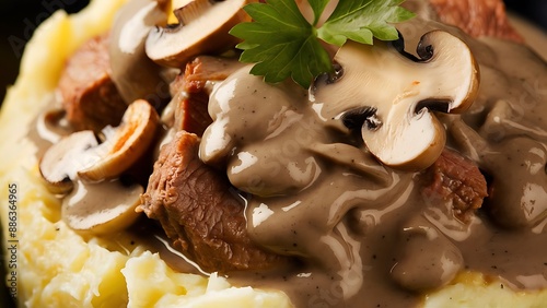 Beef Stroganoff with mushrooms and mashed potatoes. photo