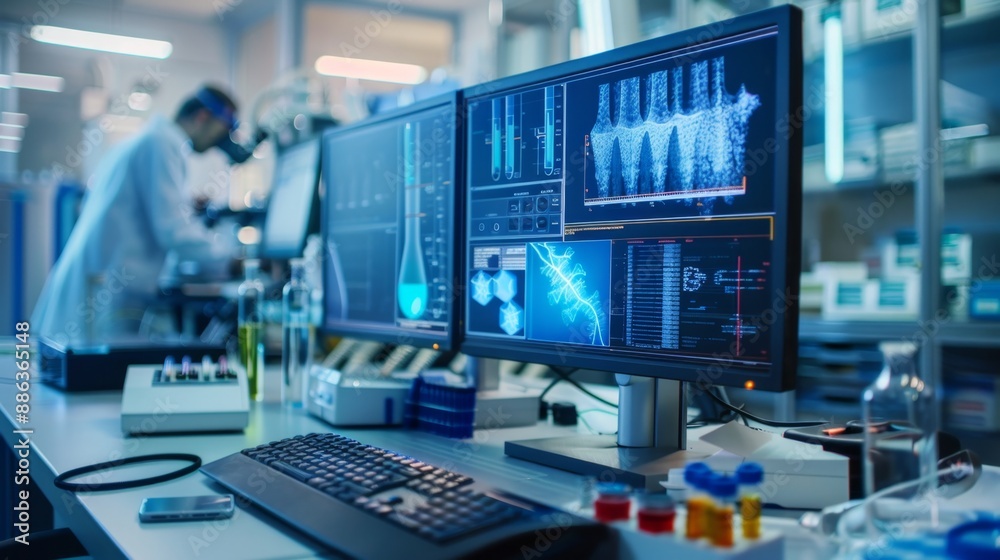 Modern Laboratory with Computer Monitors Showing Research Data. Modern Laboratory with Computer Monitors Showing Research Data.