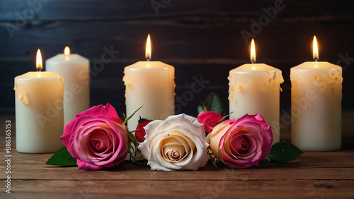 Beautiful roses and flowers petals,  with burning white candles on wooden table.