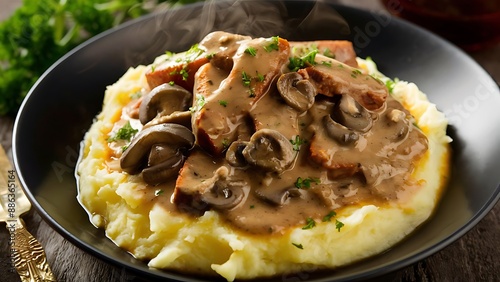 Beef Stroganoff with mushrooms and mashed potatoes. photo