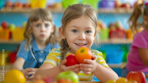 Little Girl Holding Apples.
