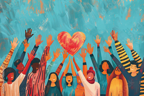 This vibrant illustration depicts a diverse group of people joyfully raising their hands towards a central heart symbol, symbolizing unity, love, and community. Generative AI