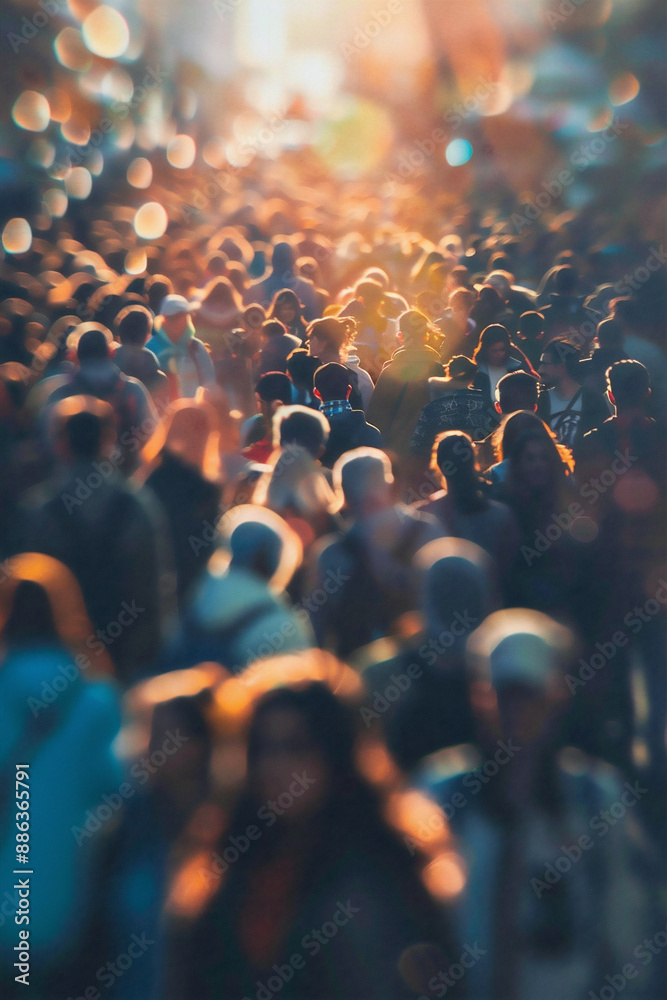 Obraz premium A large crowd of people is shown walking through a city street bathed in warm, golden sunlight. The scene is bustling with activity, and colorful bokeh lights add a dreamy effect. Generative AI