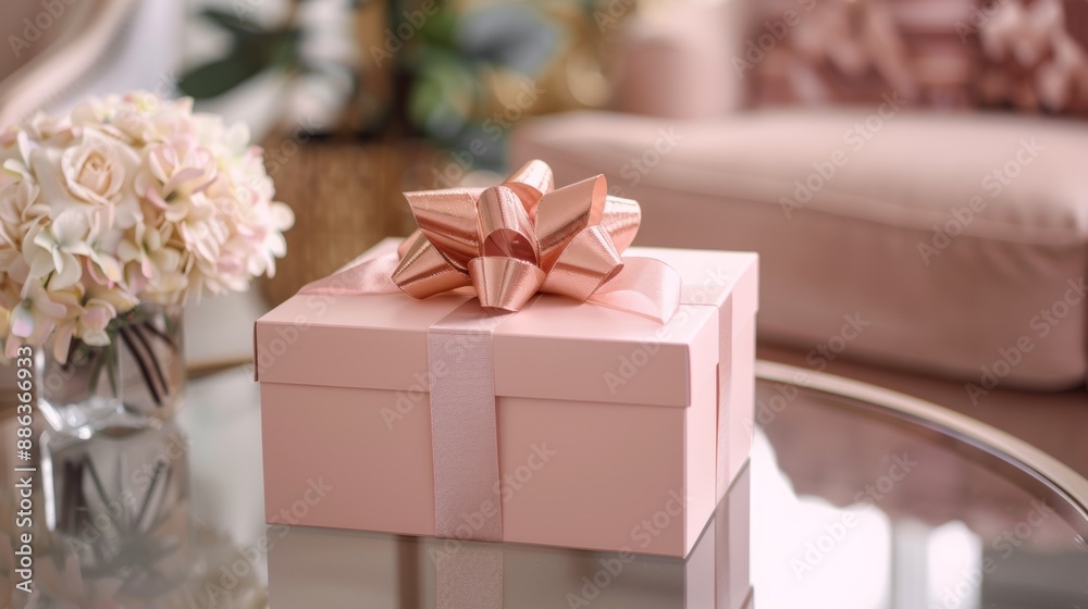 A Pink Gift Box With a Rose Gold Bow on a Glass Tabletop A Pink Gift Box With a Rose Gold Bow on a Glass Tabletop