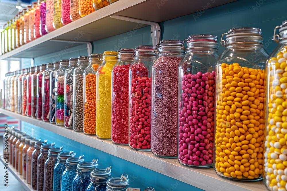 A vibrant scene of a candy store with shelves lined with jars of brightly colored sweets. 