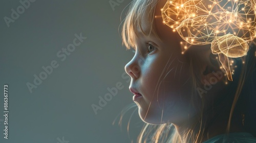 A young girl with blonde hair gazes thoughtfully into the distance, her profile illuminated by a vibrant, glowing, digitally rendered representation of the human brain. photo