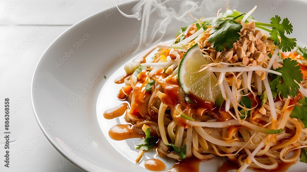 Closeup of pad Thai on a white dish Closeup of pad Thai on a white dish