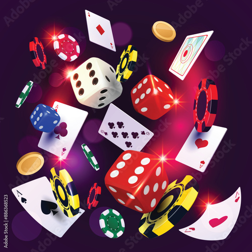 Casino playing, tokens with rolling dice vector Background