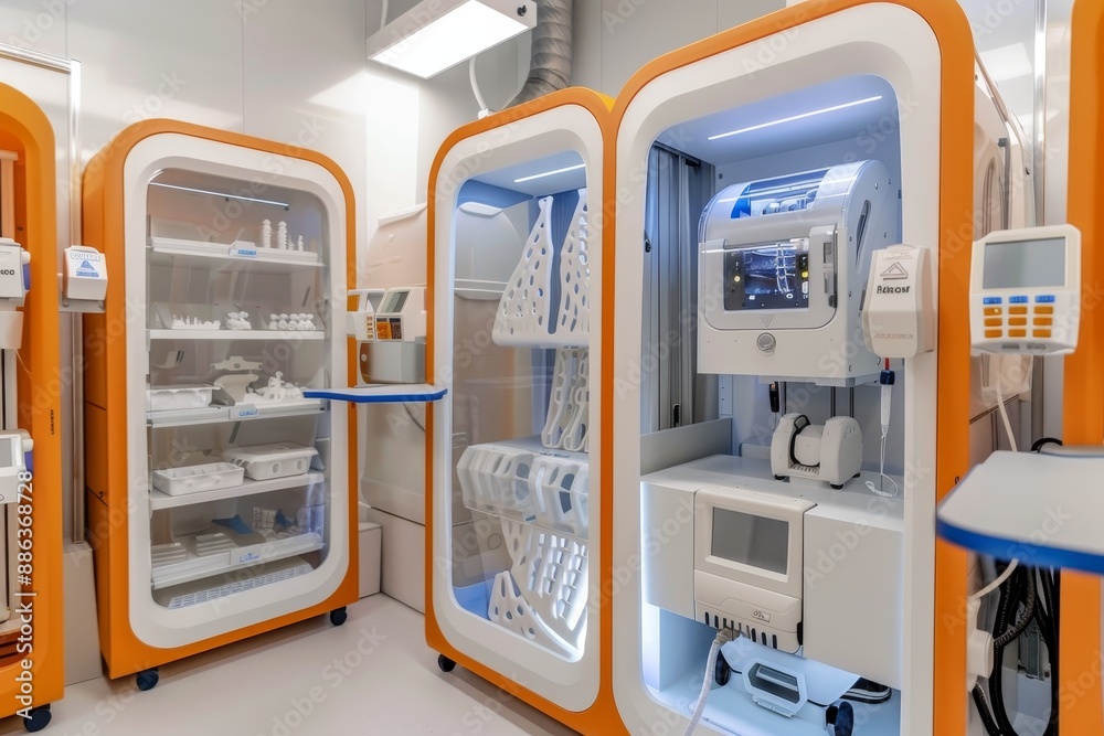 A room packed with modern orange and white medical tools and equipment for on-demand healthcare, Design a room with 3D printers for on-demand medical supplies and equipment A room packed with modern orange and white medical tools and equipment for on-demand healthcare, Design a room with 3D printers for on-demand medical supplies and equipment