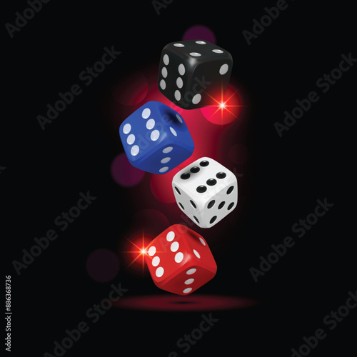 4 dice red, black, blue, white casino dices, playing night, club, party night, Game