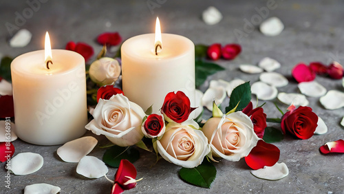 Beautiful roses and flowers petals,  with burning white candles